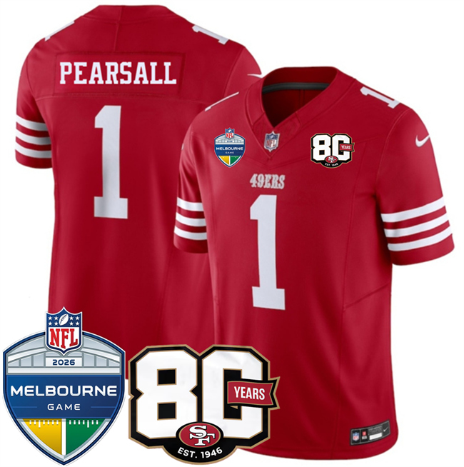 Men's Red San Francisco 49ers #1 Ricky Pearsall 80th Anniversary And Melbourne Game Patch 2026 F.U.S.E. Vapor Untouchabl2026 F.U.S.E. Vapor Untouchable Limited Stitched Football Jersey